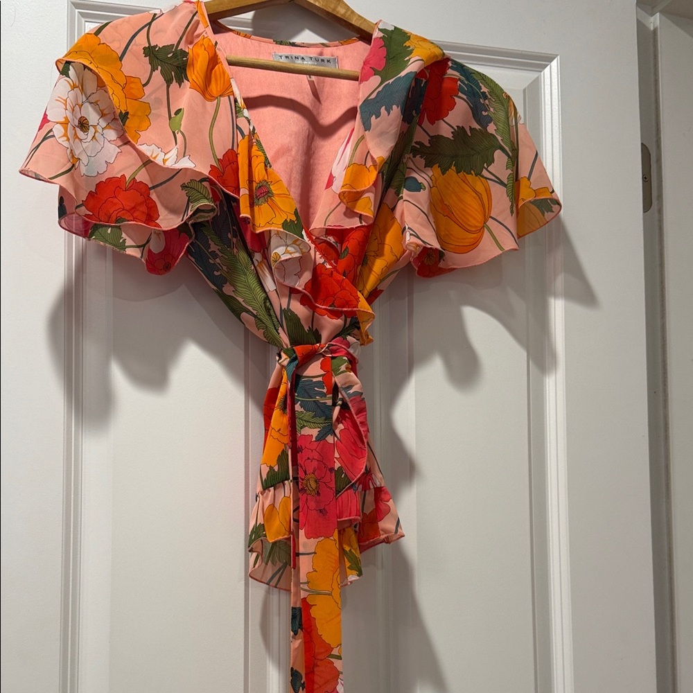 Trina Turk Coral Pink Floral Flowy Sleeveless Wrap Blouse